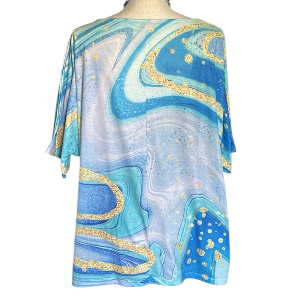 Aqua Blue & Gold Wavy Swirl Pattern Design Knit Top Short Sleeves Scoop Neck 5XL - Picture 8 of 16